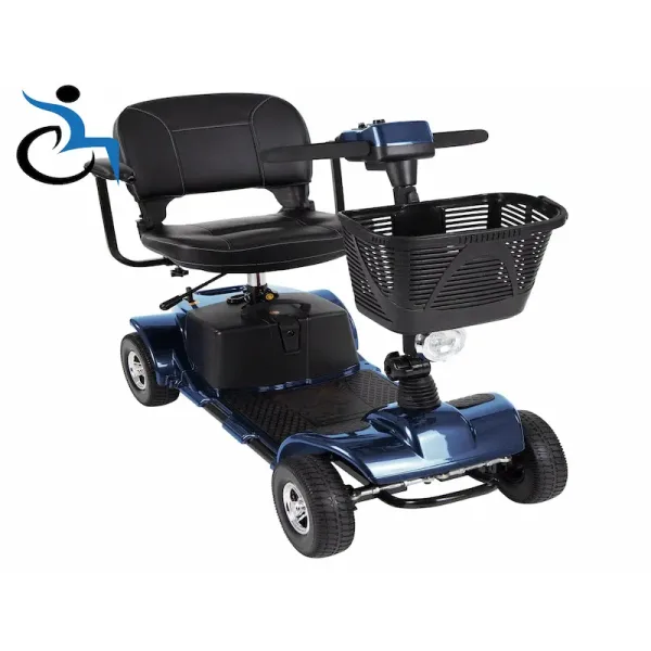 Portable mid-size mobility scooter with four wheels, padded seat, front basket and headlight, available for rental in California.