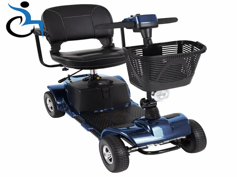 Portable Mid-Size 4-Wheel Mobility Scooter Rental Portable mid-size mobility scooter with four wheels, padded seat, front basket and headlight, available for rental in California.