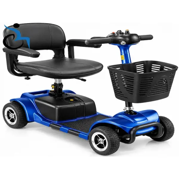 Portable 4-wheel mobility scooter with padded seat, armrests and front basket, available for rental in California.