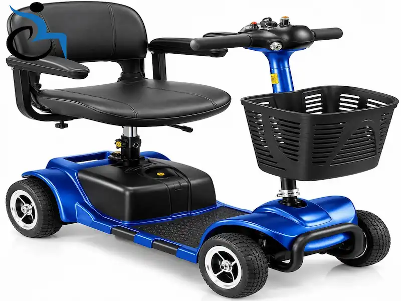 Portable 4-Wheel Mobility Scooter Rental Portable 4-wheel mobility scooter with padded seat, armrests and front basket, available for rental in California.